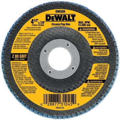 Dewalt High Performance Dw8309 80-Grit Zirconia Type 29 Flap Disc, 4-1/2 Inch X 7/8 Inch DW8309 DEWDW8309