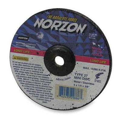 Norton Norzon Plus 24 Coarse Grit Ceramic Alumina/Zirconia Alumina Type 27 Depressed Center Grinding Wheel, 4-1/2 Inch X 1/8 Inch X 7/8 Inch 66252843324 NOR66252843324