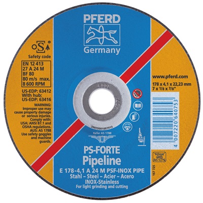 Pferd Depressed Center Cutting, Light Grinding (Type 27) Pipeline - A-Psf Inox: Aluminum Oxide For Steel, Stainless 63417 PFE63417