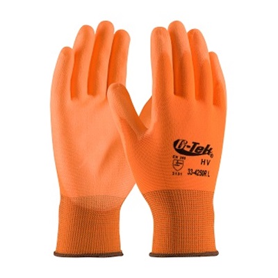 Hi-Vis Seamless Knit Polyester Glove With Polyurethane Coated Smooth Grip On Palm &amp; Fingers   PIP33-425OR/L